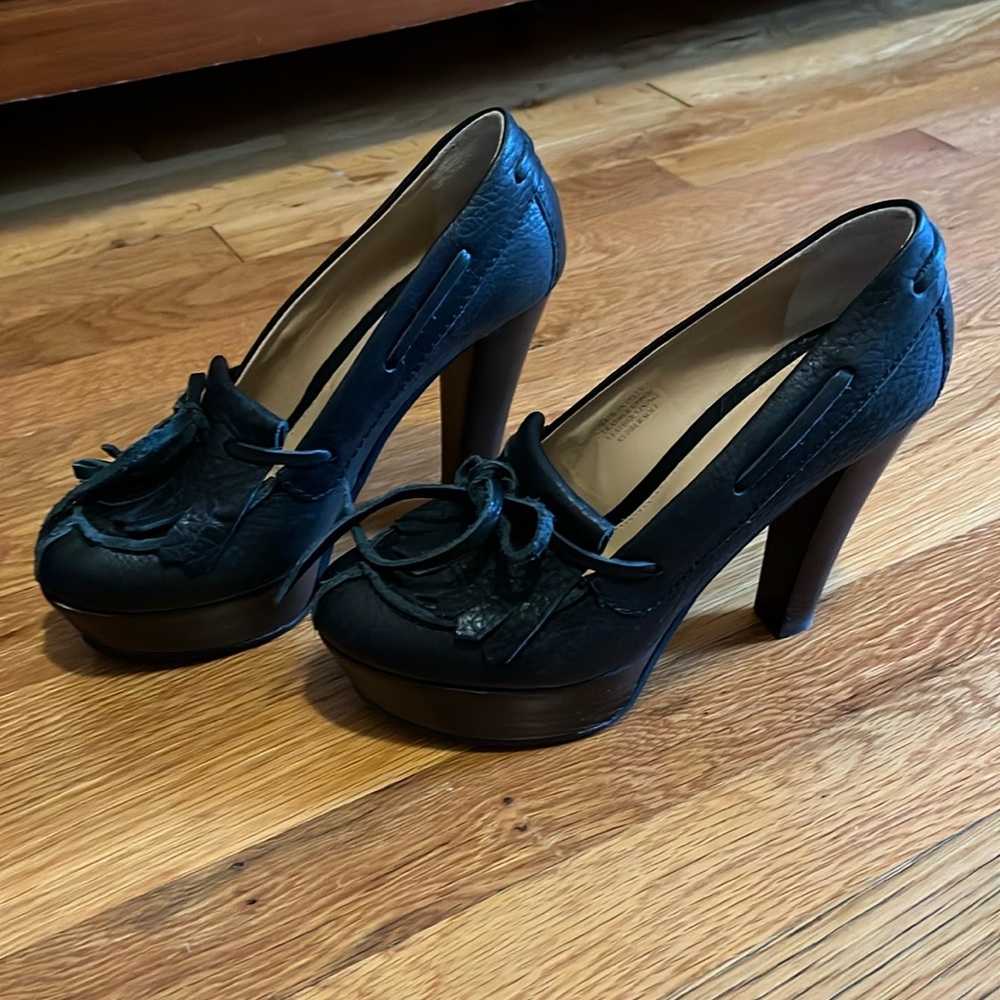 Black Platform High Heel Loafer Pumps with Bow Accent